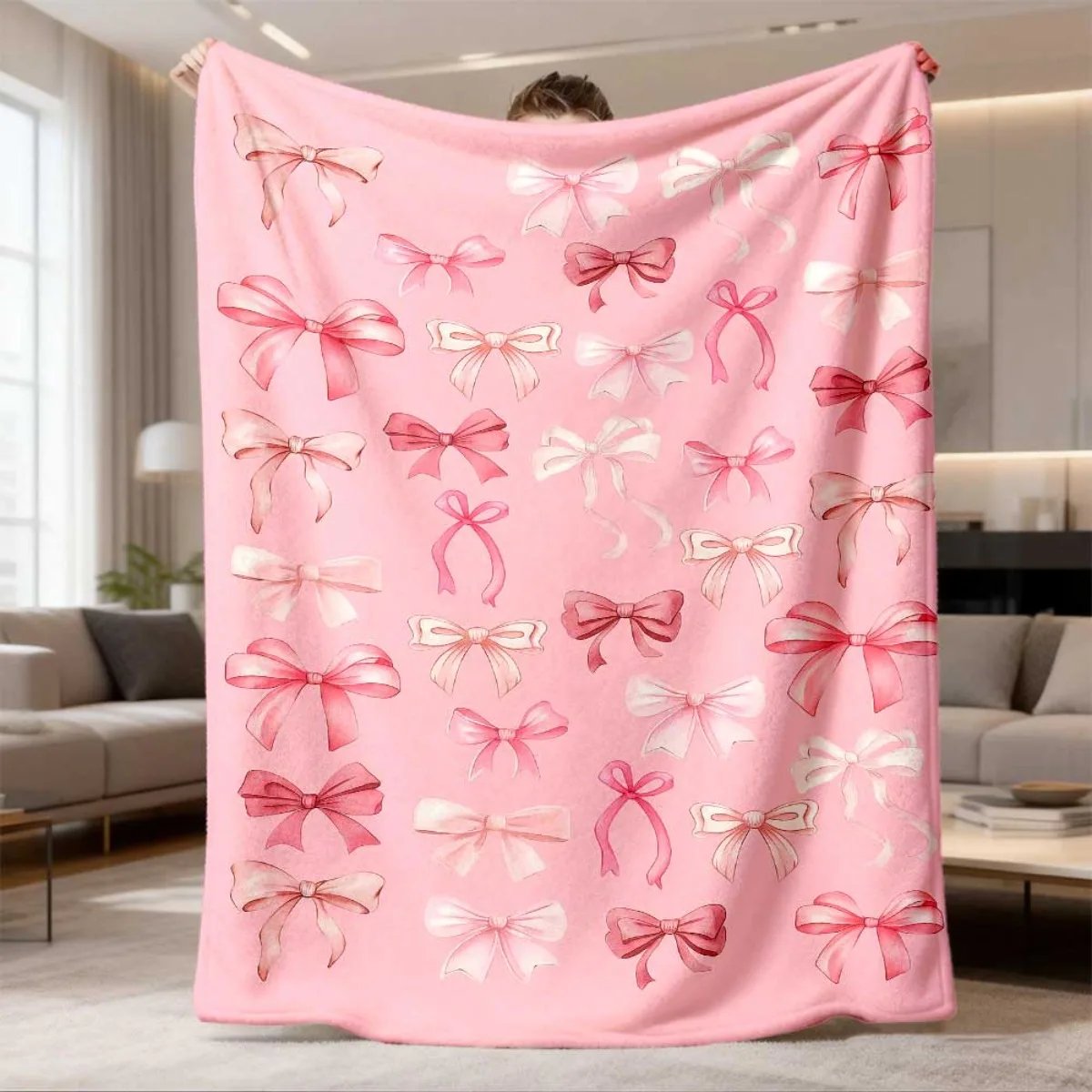 Soft Pink Base Watercolor Bow All Over Repeat Throw Blanket Girly Delicate Ribbon Pattern Minimal Daily Couch Lounge Decor Blank