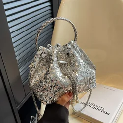 Fashion Bag For Women 2023 Luxury Silver Sequin Evening Clutch Bag Versatile Chain Crossbody Shoulder Bag Round Ring Handle Bag