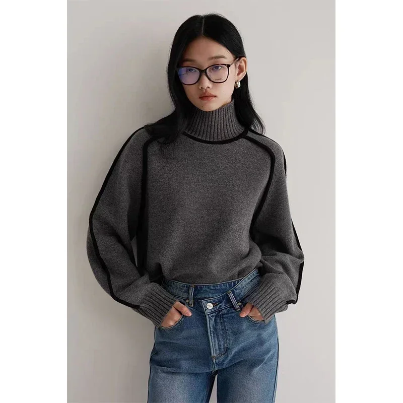 

Korean Half High Neck Knitwear Winter Long Sleeve Loose Jumpers Vintage Striped Sweater Women Patchwork Knitted Pullovers
