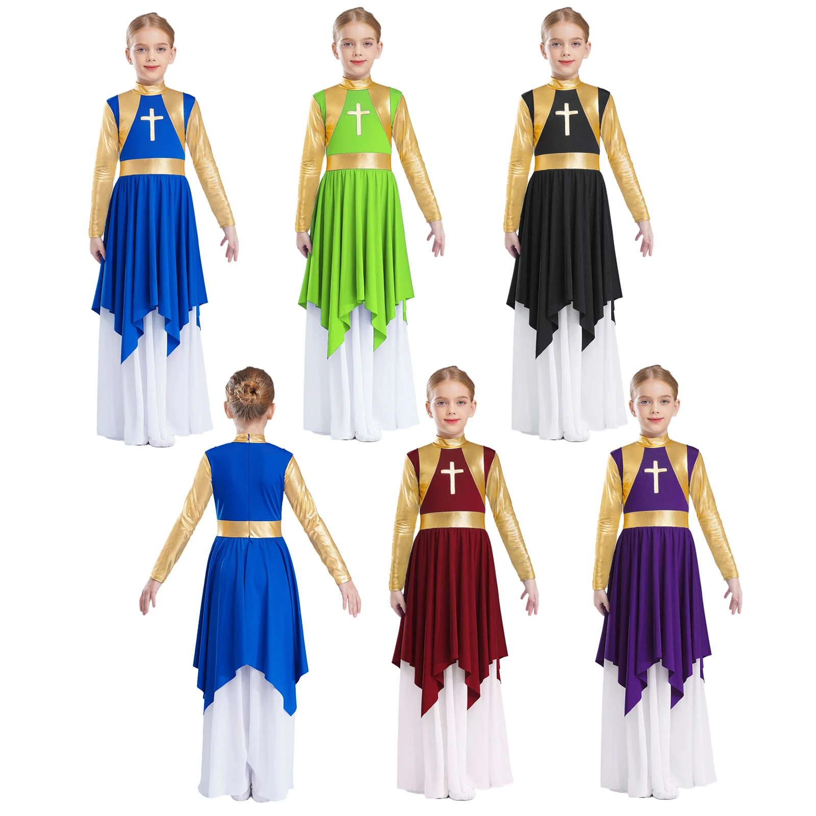 Kids Girls Liturgical Worship Dress Praise Dance Dress Metallic Color Block Patchwork Maxi Dress Church Choir Dancewear