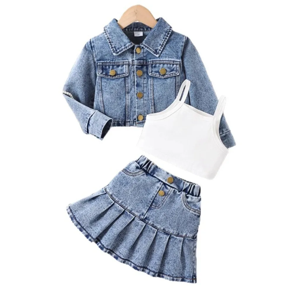 Autumn Winter 2026 3Pcs Outfit, Single Breasted Long Sleeve Denim Jacket + Solid Cami Top + Pleated Skirt Matching Set