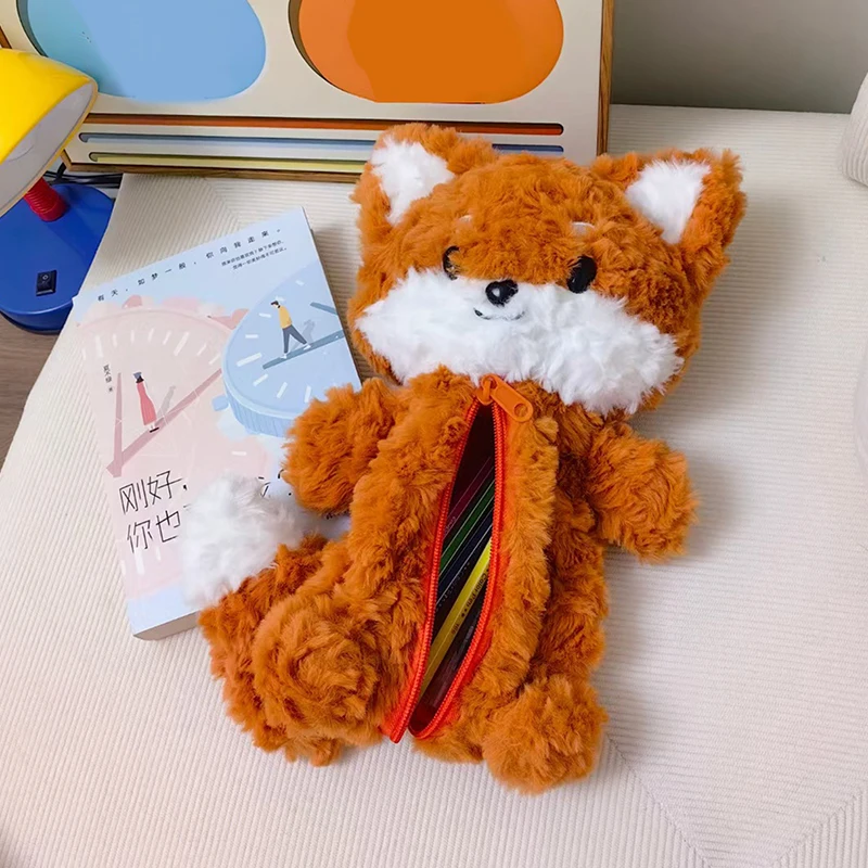 

Cute Animals Fluffy Pen Bag Cartoon Fox Plush Pencil Case School Supply Soft Stationery Storage Bag Students Gifts