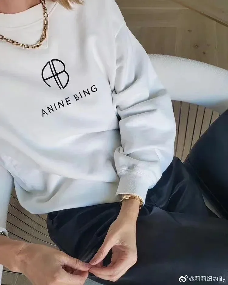 2024 Spring New North American Niche Ab Classic Logo Printed Fleece White Cotton Women\'s Round-neck Sweatshirt