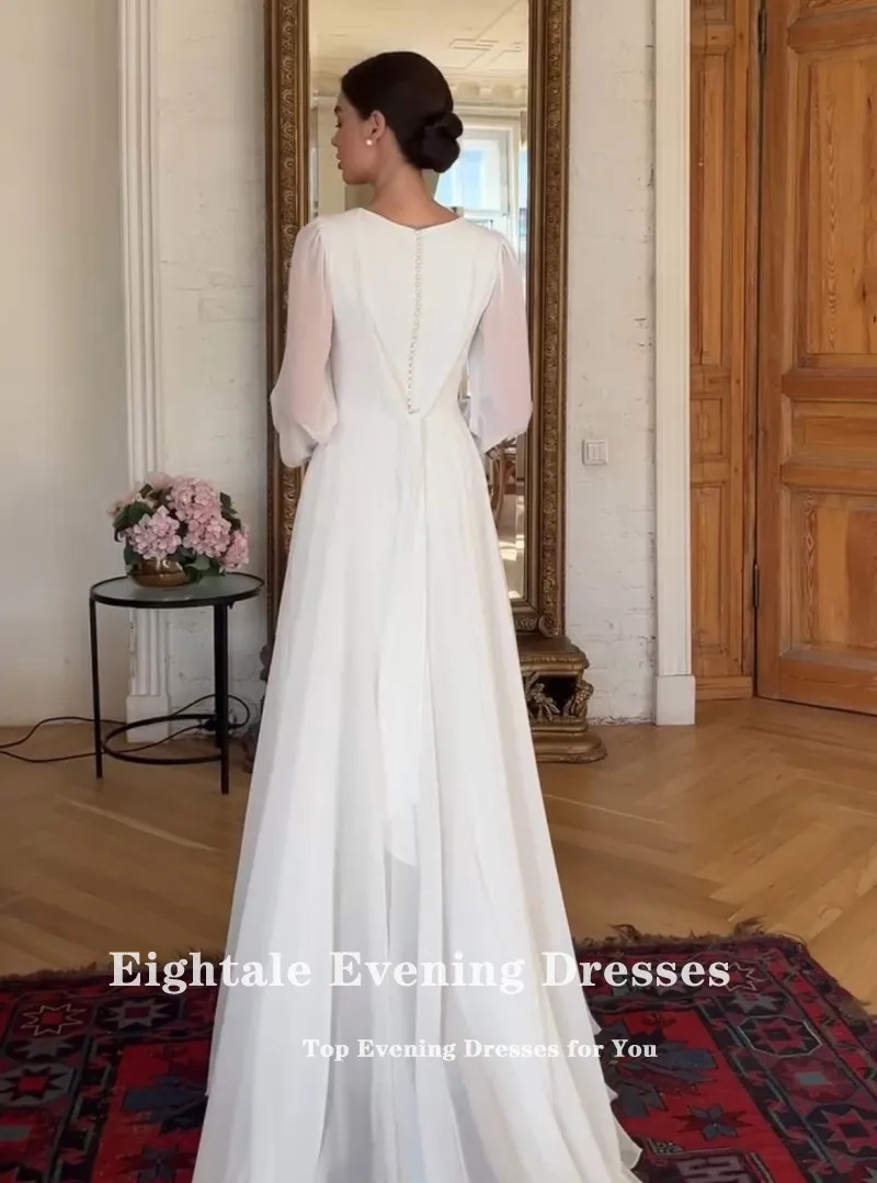Eightale Boho Wedding Dress Customized O-Neck Long Sleeves White Ivory A-Line Chiffon Muslim Bridal Gown Vestido De Noiva image 5