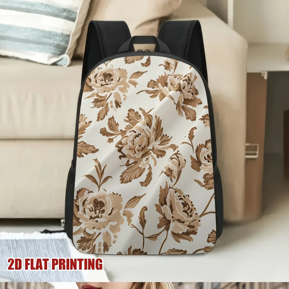 

1 Spacious 2D Printed Backpack in Floral Fabric - Utility Travel Shoulder Bag with Washable Zipper Seal and Comfortable