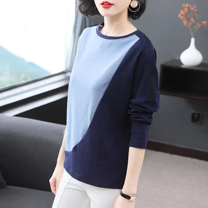 Casual Contrast Patchwork Top T Shirt Spring Autumn O-Neck Long Sleeve All-match Loose Pullovers Vintage Fashion Women Clothing