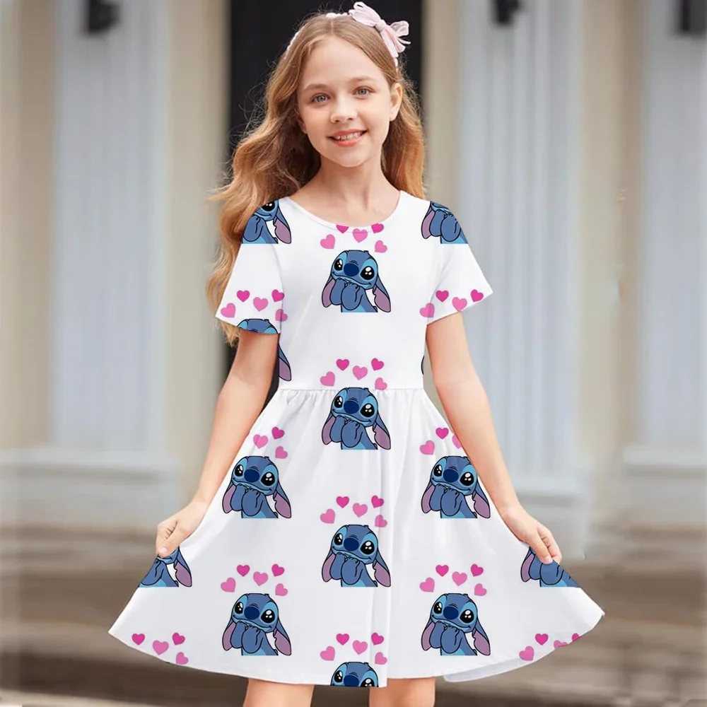 

Summer New Children's Clothing 3d Printed Romantic Stitch Cute Girl Short-Sleeved Dress 3-14 Years Old Kids Performance Clothing