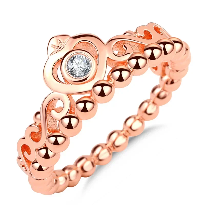 Hot Sale Rose Gold Ring Princess Tiara Royal Crown With Crystal Rings For Women Wedding Party Gift Fine Jewelry