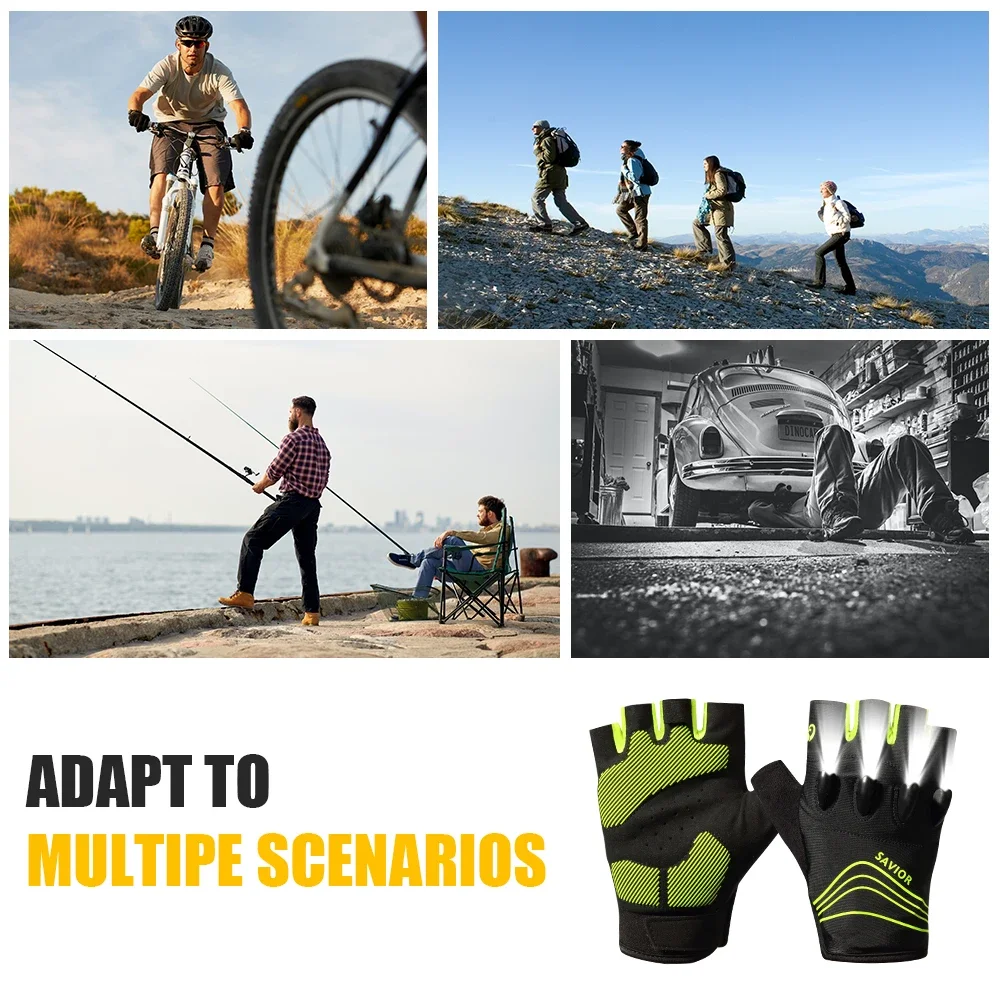 Savior Outdoor Sports Cycling Gloves Half Finger LED Gloves Nightview Rechargeable Flashlight Luminous Breathable Summer Spring