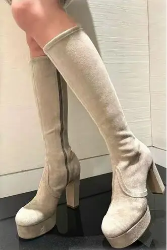 

Autumn Women Apricot Black Solid Suede Leather Round Toe Platform Block Heel Knee High Boots Female Zipper Side Slim Long Boots