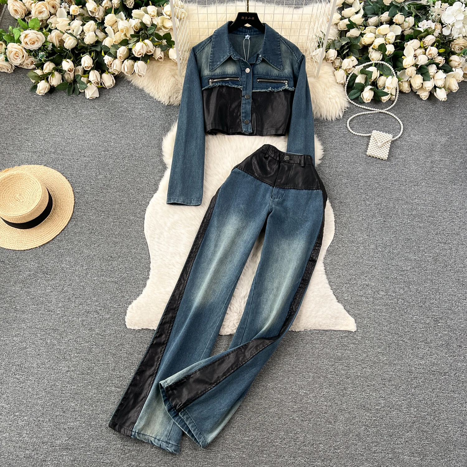 

Women Denim Pants 2 Pieces Sets Turn-down Collar PU Leather Patchwork Short Jackets + High Waist Wide Leg Trousers Jeans Suits