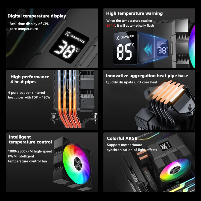 Power Train X-Gamerx Z-1300 CPU Cooler 92mm four heat pipe with digital display ARGB fan air coolers PWM 4PIN LGA1700 1200 115X