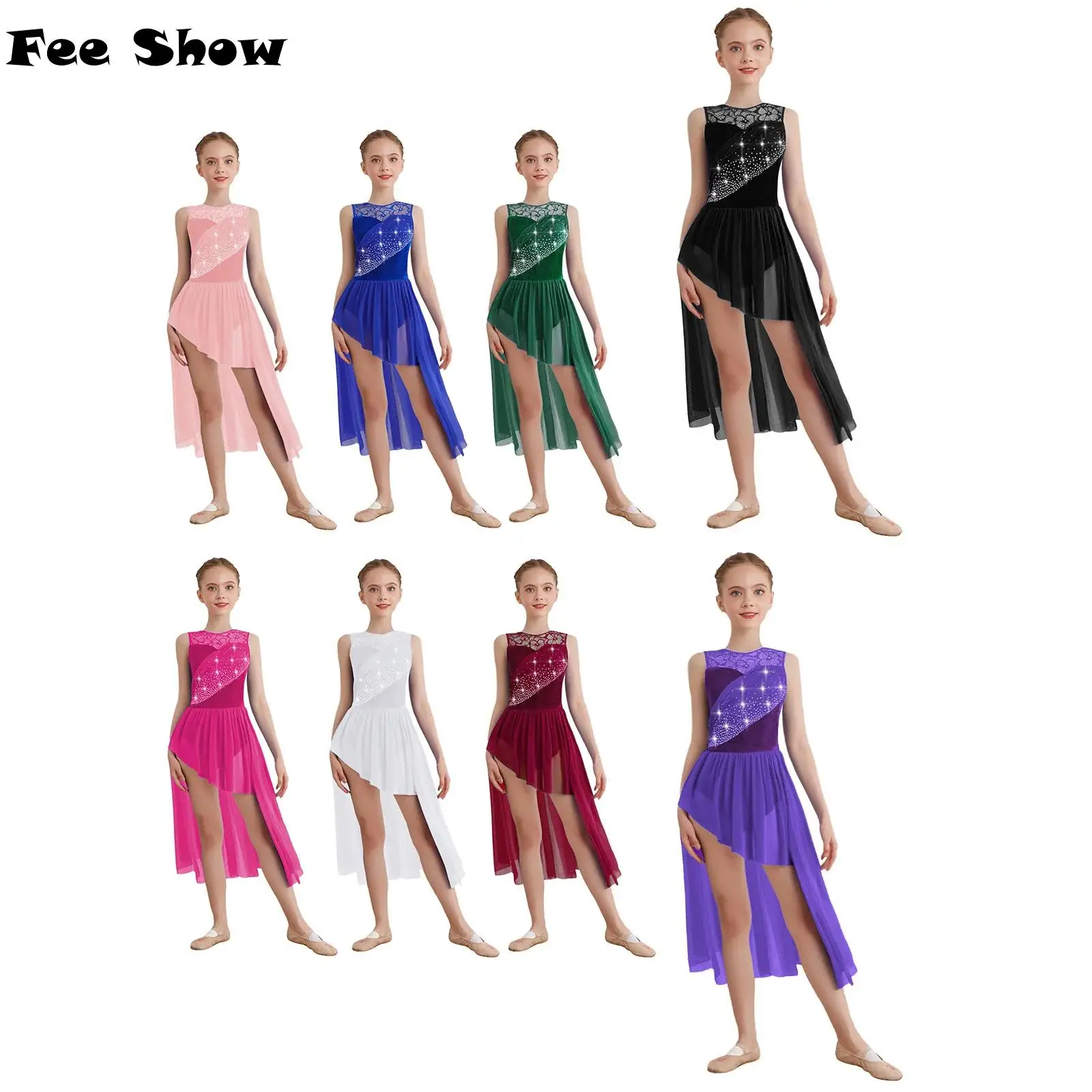 

Лирический танцевальный костюм для девочек, кружевное лоскутное платье с рюшами и сетчатым наложением, асимметричный подол, блестящее платье со стразами, танцевальная одежда