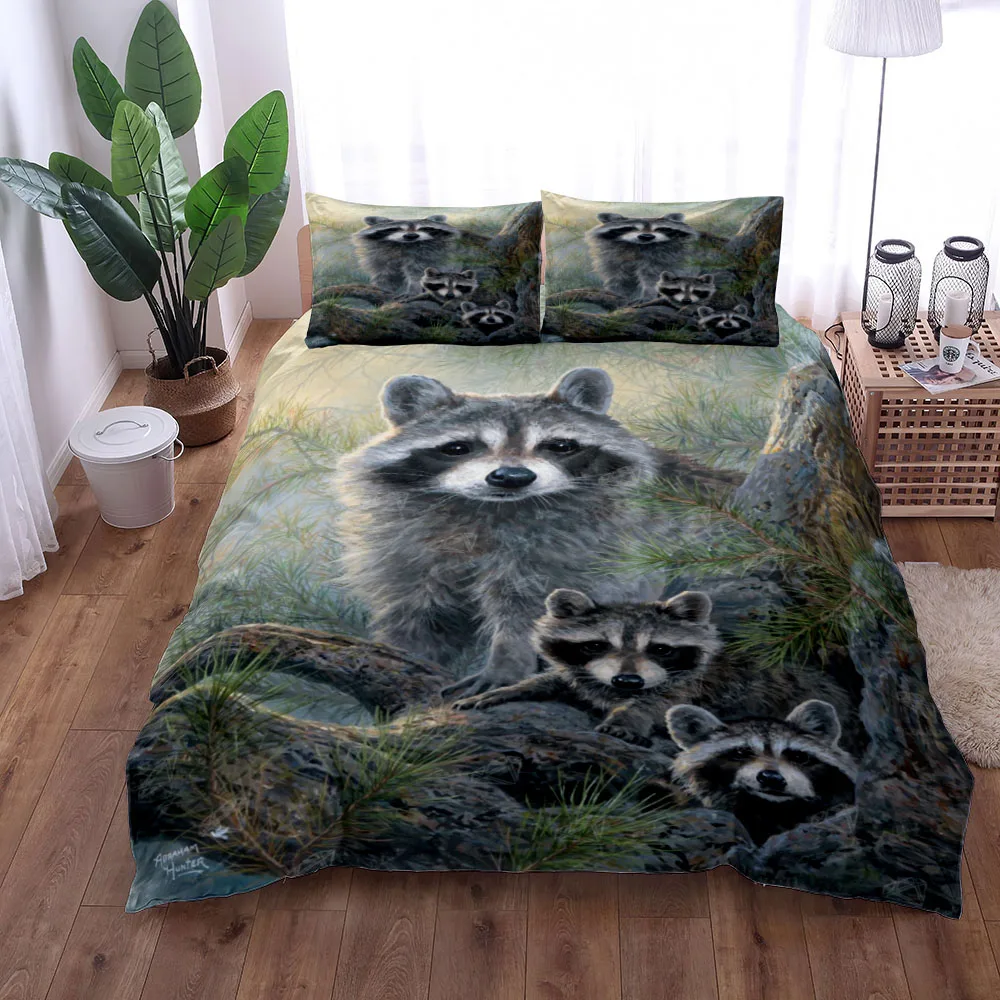 Vintage Meadow Flower Raccoons Duvet Cover Set,EU Single Double King US Twin Full Queen Size Bed Linen Set