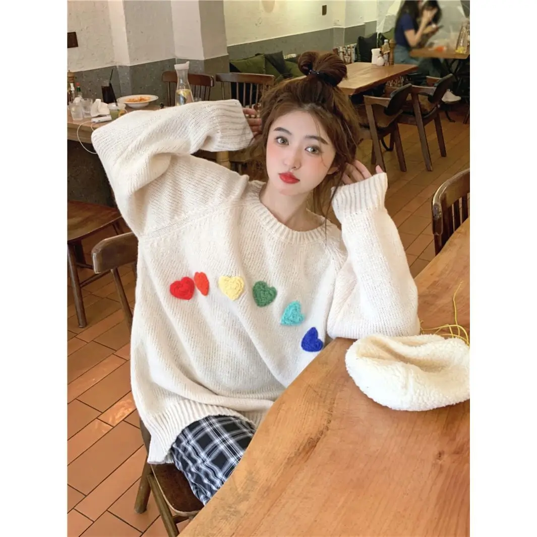 Lazy Style Three-dimensional Colorful Heart-shaped Round Neck Sweater for Women Latest Gentle Sweet and Loose Knit Sweater