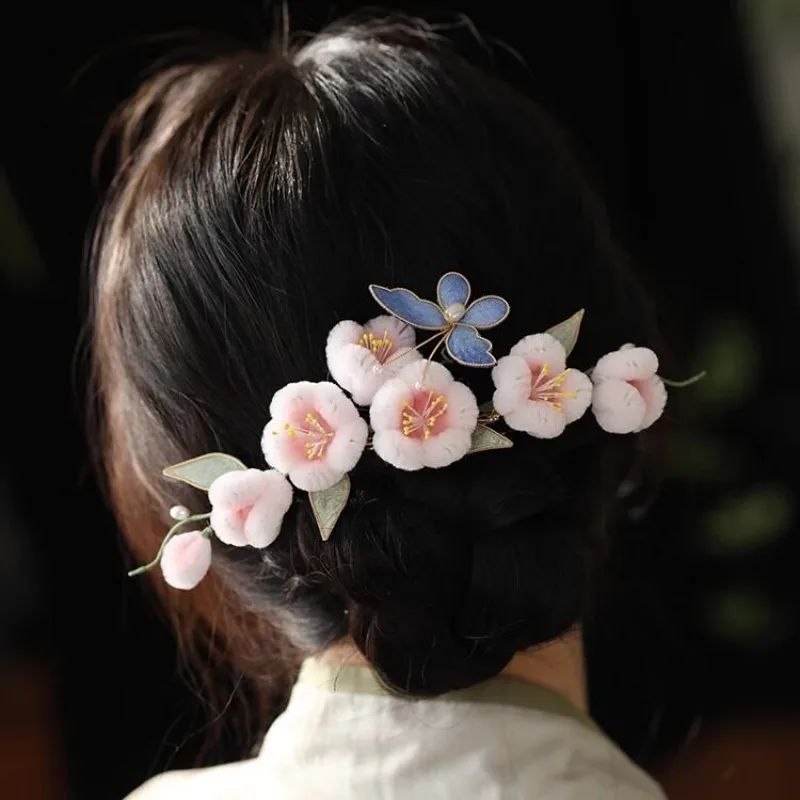 

Заколка для волос в стиле Тан с розовой бабочкой и имитацией бархатного цветка, девичий повседневный аксессуар для Ханьфу и Чонсам, украшение ручной работы, подарок