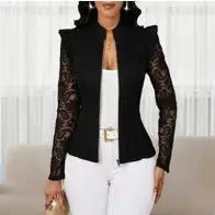 Women's Zipper Lace Sleeve round Neck Cardigan Suit Jacket Long Sleeve Commute Style Fitted Chinese Production
