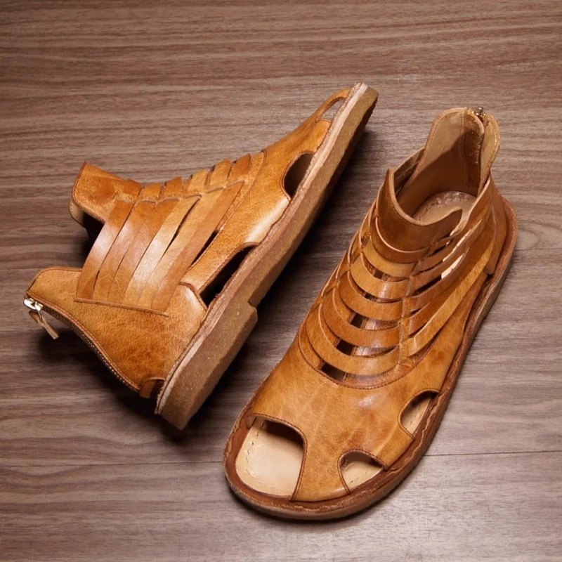 Handmade Cowhide Summer Sandals Men High Top Boots Casual Beach Shoes Women Outdoor Retro Hiking Sandals Slippers Sandalias