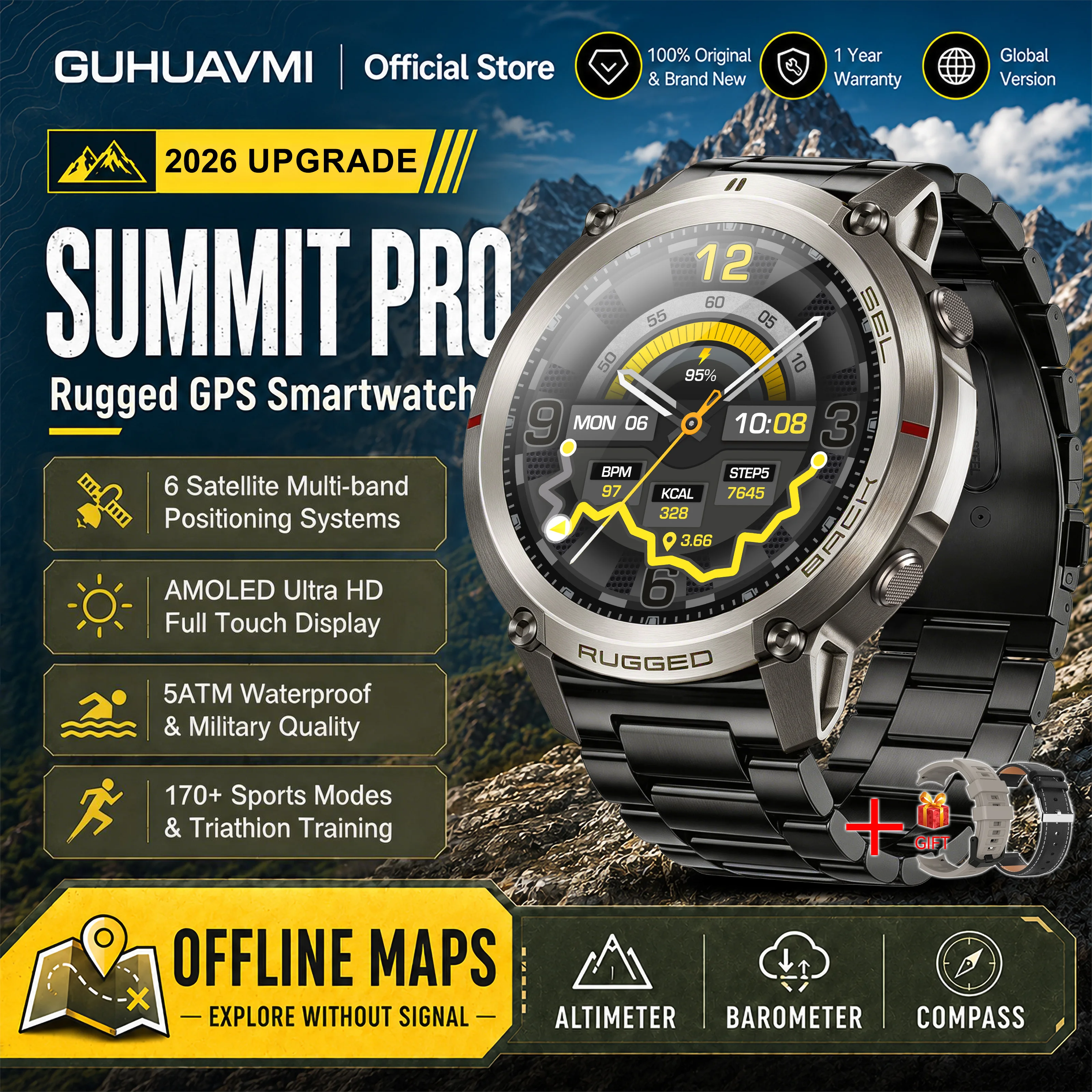2026 Militaire Satelliet Offline Kaart GPS Smart Watch Heren 1.43''AMOLED Bluetooth Oproep Kompas 5ATM Waterdicht 170 + Sport Smartwatch