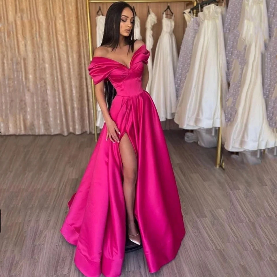 Fuchsia Satin Evening Dresses 2023 Long Floor Length Front Split Sweetheart A Line Off Shoulder Prom Gown Women Elegant Simple