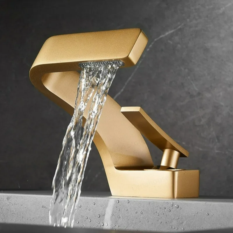 

Brushed Gold Basin Faucet Bathroom Deck Mounted Basin Faucet Single Hole Sink Tap Hot and Cold Water Mixer Tap