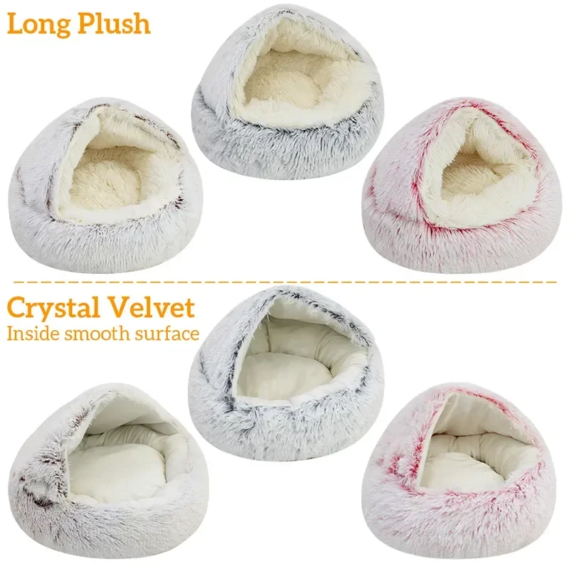 Winter Long Plush Pet Cat Bed Round Cat Cushion Cat House 2 in 1 Warm Cat Basket Cat Sleep Bag Cat Nest Kennel for Small Dog Cat