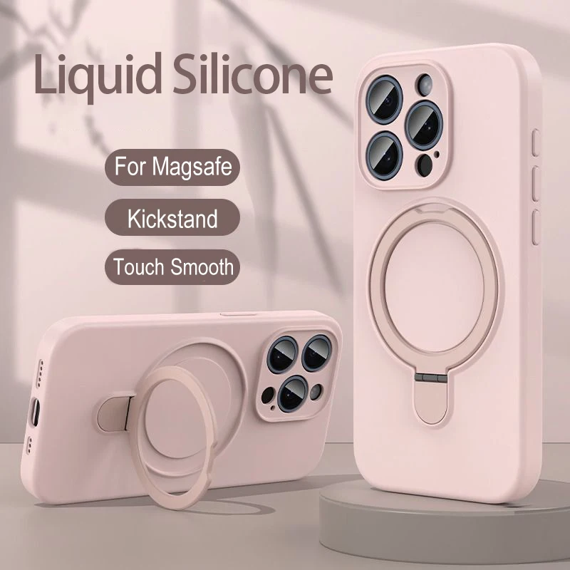 

360 Rotation Magnetic Holder Liquid Silicone Case For iPhone 16 15 14 13 Pro Max 16Plus Phone Magnetic Wireless Charging Cover