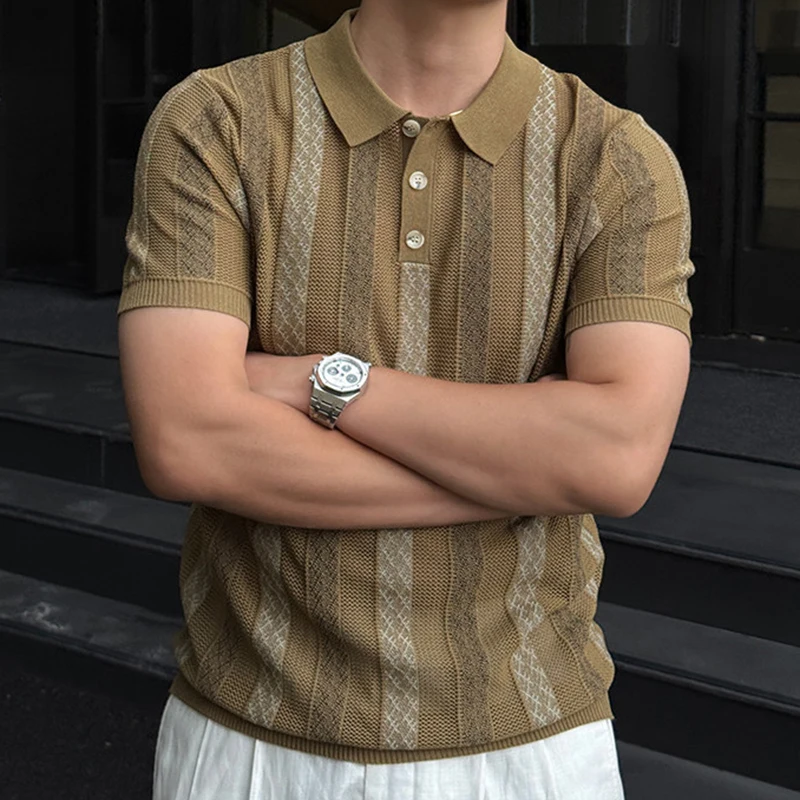 Stylish Slim Short Sleeve Knit Polo Shirt Men Summer Casual Breathable Hollow Out Polo Shirts Vintage Striped Crochet Polo Tops