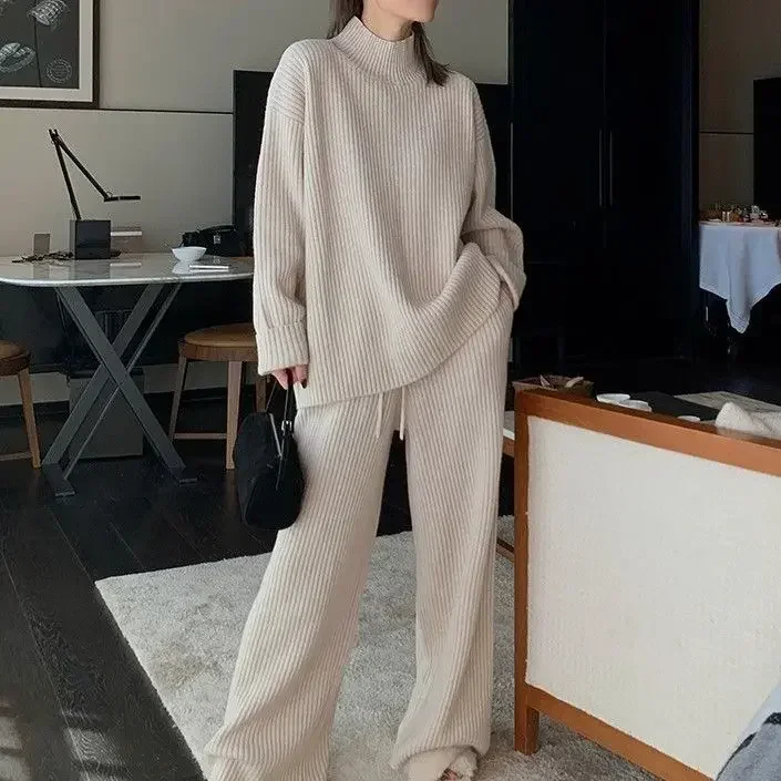 Casual Two Piece Sets Women Outifits Turtleneck Sweater+ Wide Leg Pants Suits Autumn Warm Winter Clothes Knit Pullover Tracksuit