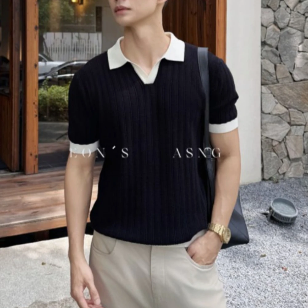 Summer Color Blocking Knitted Polo Shirt for Men Ice Silk Breathable Casual T-shirt V-neck Social Business T Shirt Men Clothing