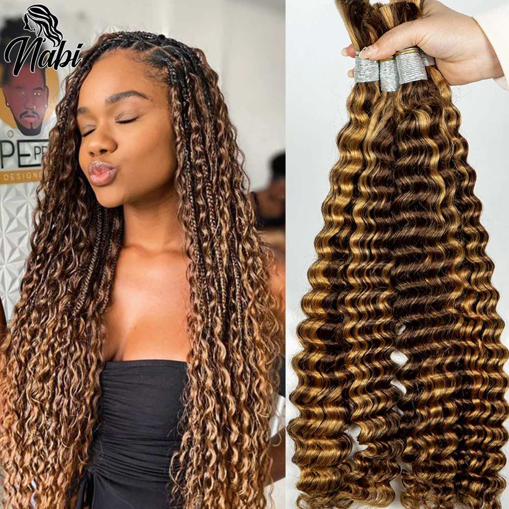 Nabi-encaracolado Boho trançando pacotes de cabelo humano, destaque, sem trama, onda profunda, cabelo humano de 100%, 4 27