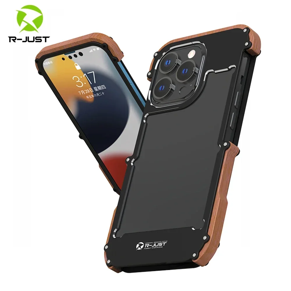 

Original R-JUST Metal Frame For iPhone 14 Pro Max Case 15 Plus 13 12 16 Luxury Wooden Bumper Shockproof Shell Lightweight Cover