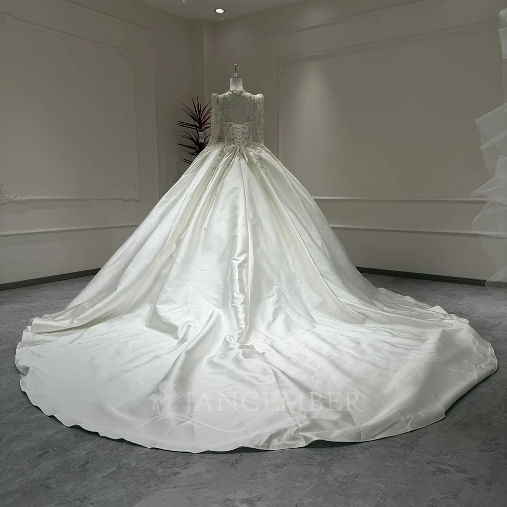 Customzied Gorgeous Wedding Dresses with Beads Satin V-neck Bridal Gowns Sweep Train Vestidos De Novia Long Sleeves