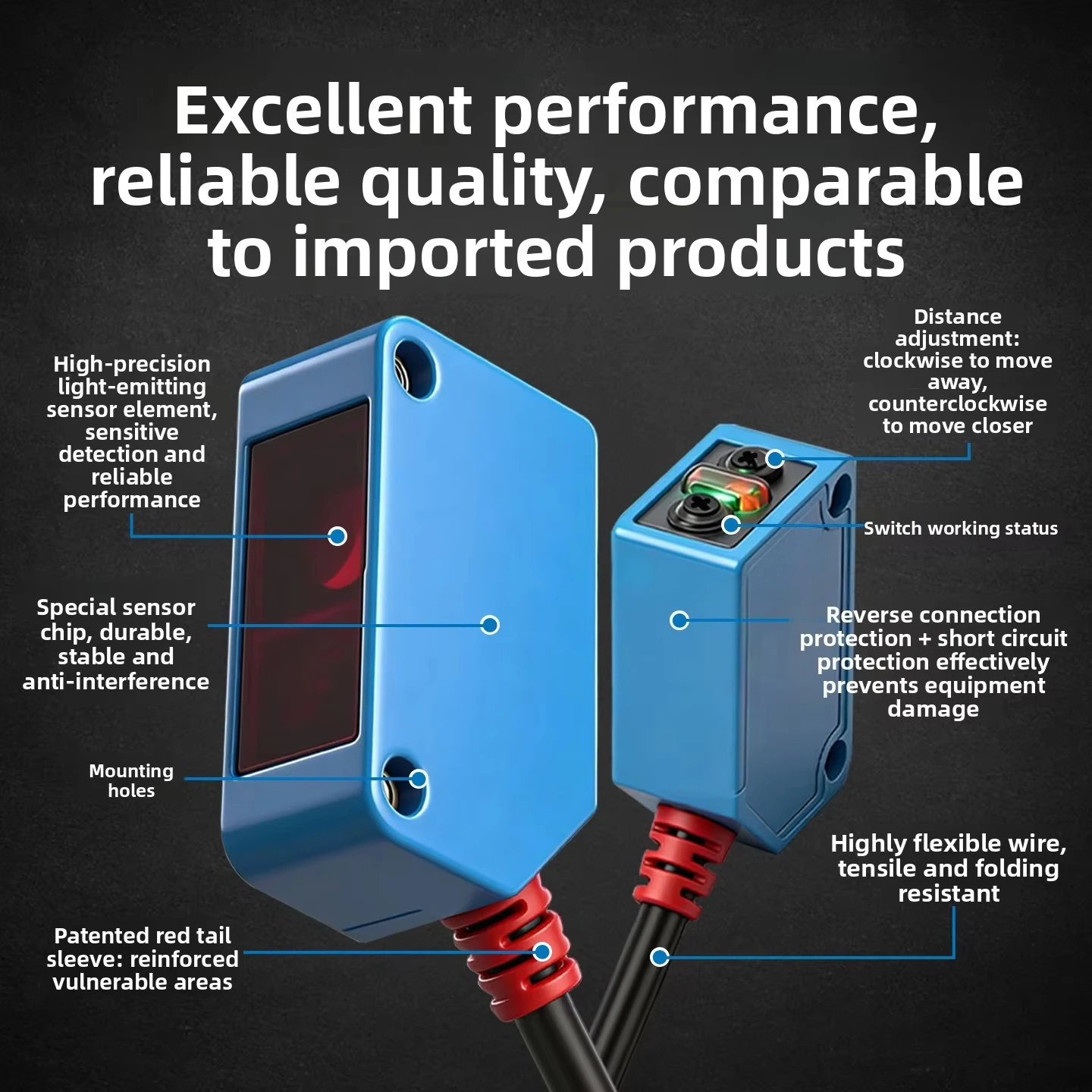 BRRR-E100N Square Photoelectric Switch Sensor, Diffuse Specular Reflection DC Three-wire NPN 24V 3ms Industrial Grade
