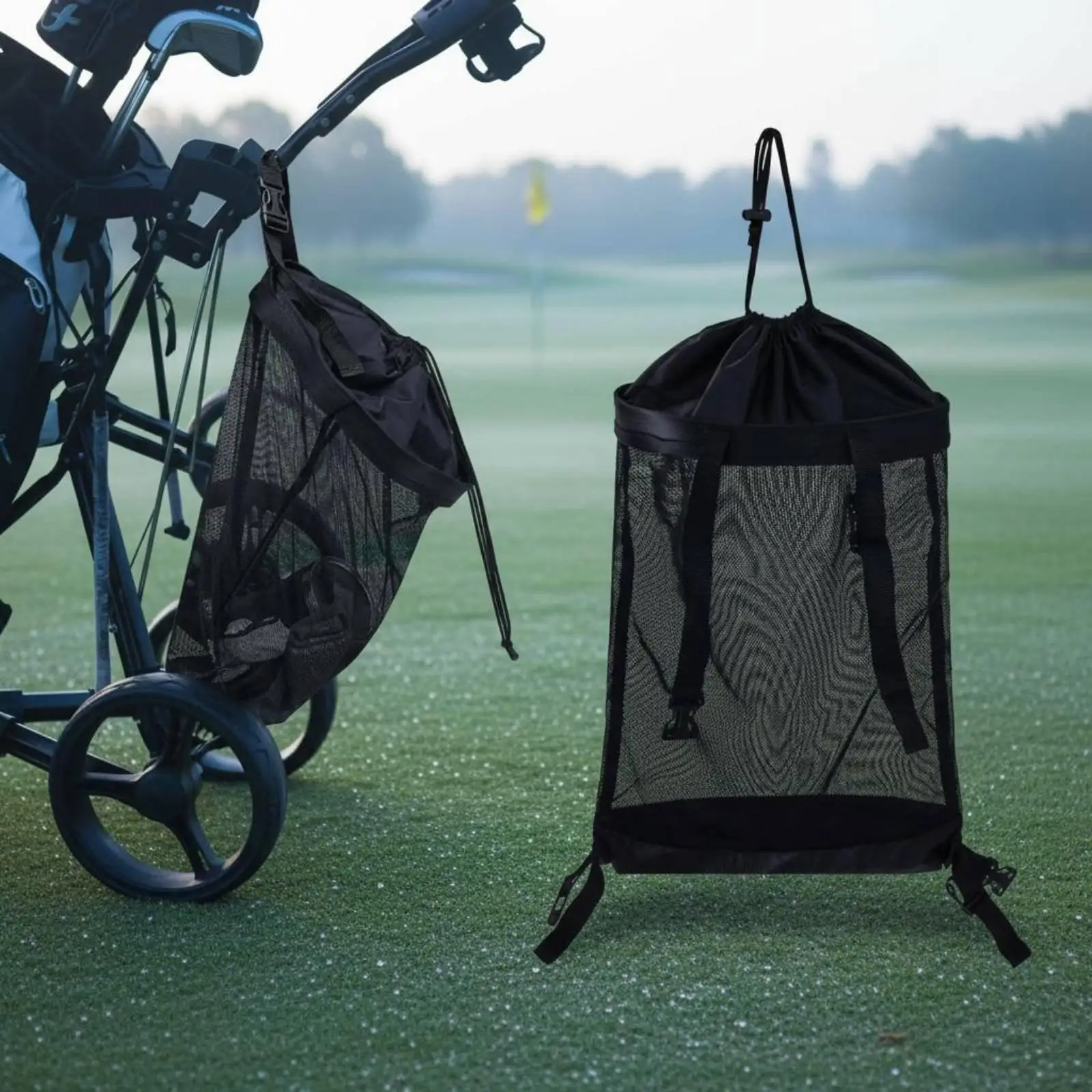 Lightweight Golf Cart Net Storage Bag for Push Trolley Organizer with Adjustable Straps for Balls Tees Gloves and Bottles