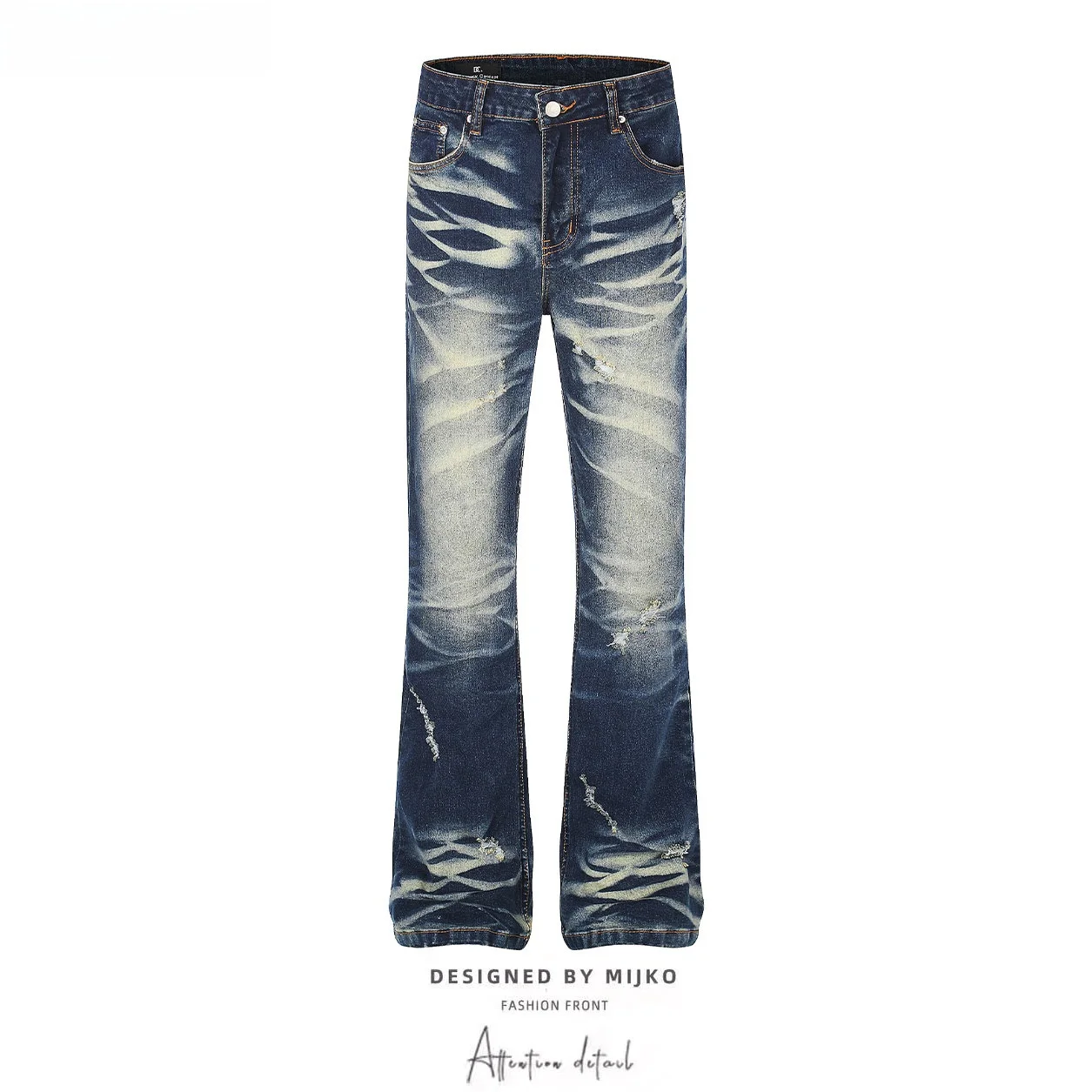 Calça Jeans Retrô Americana Lavada com Rasgos Micro Flare Masculina e Feminina Primavera Verão Slim Elástica de Denim Moda Jovem