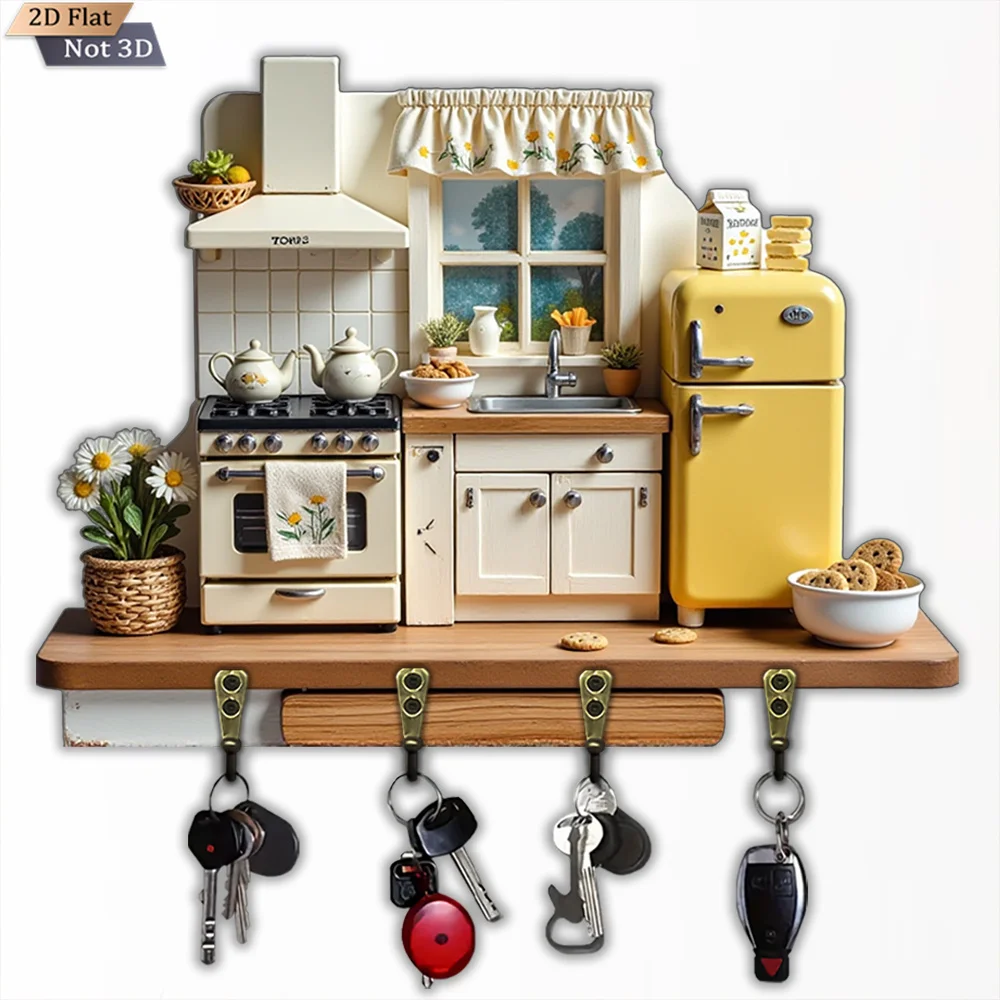 2D Flat Mini Kitchen Shaped Key Hook, 1-Pack, Wooden Multi-Functional Home Key Hook with 4 Metal Hooks, Wall Decor, Porch