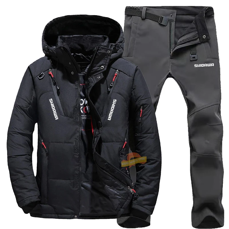 Men's Winter Fishing Suit, Goose Down Jacket+Tactical Pants Fishing Set, Warm Snow Skiing, Mountain Climbing, Hunting Sportswear