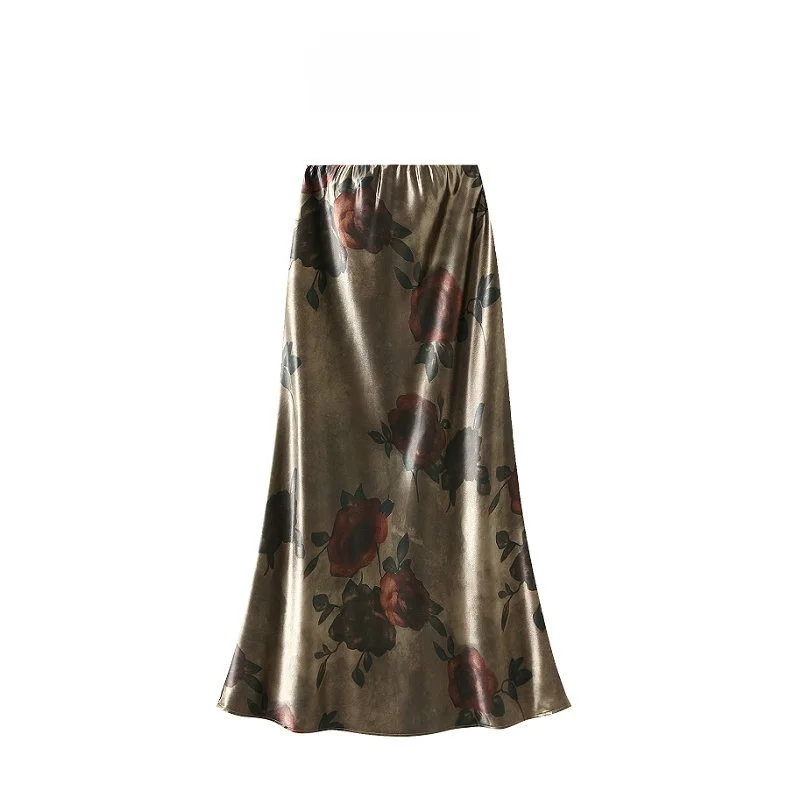 

Retro Floral Print Fi Tail f Skirt Women's High Waist Slimming Drapey Sli Midi Skirt Ele Long Polyester Fiber