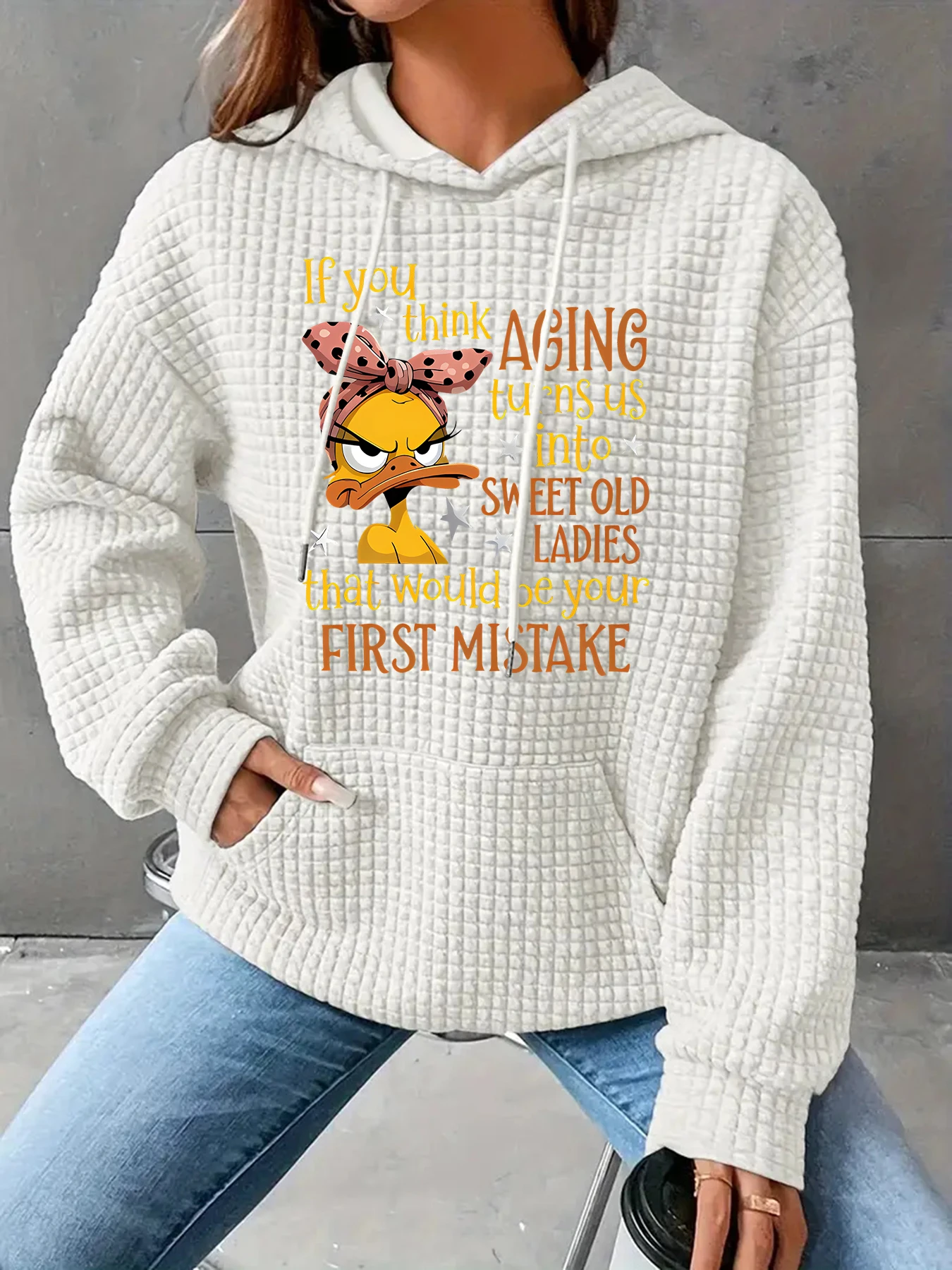 Leopard print headband with bold cartoonyellowduck patterned fabric, fun waffle knit with drawstring hood, casual women's hoodie