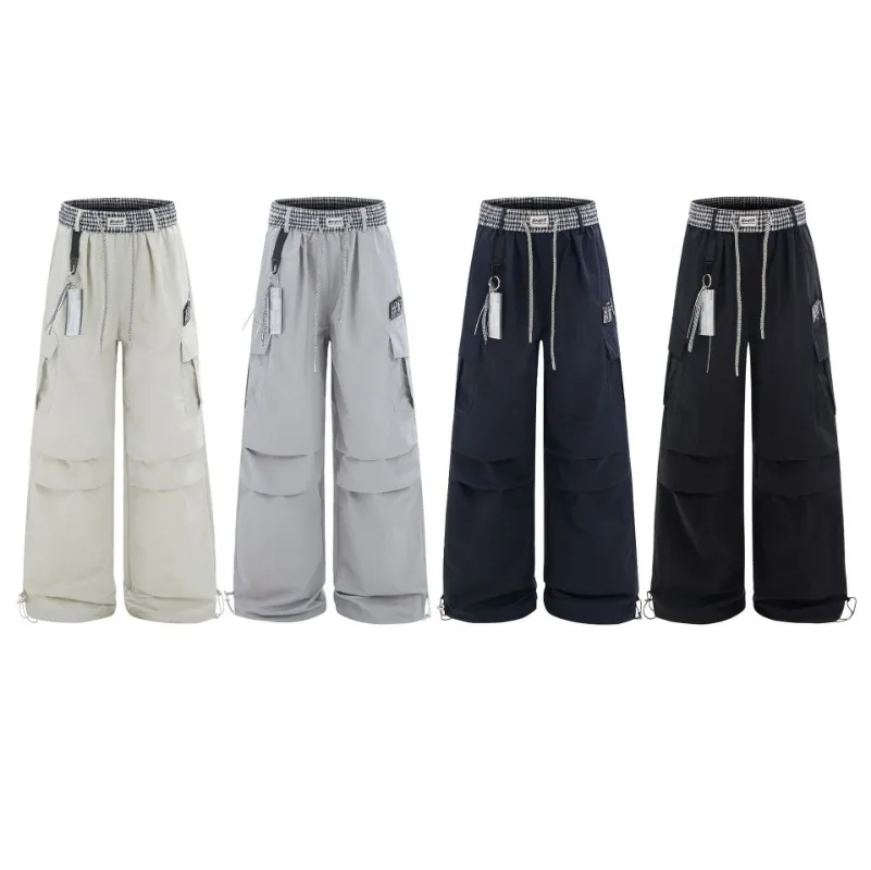 OR FL Checkered Pattern Splicing Leisure Paratrooper Pants Thin Style Retro Versatile High Waist Wide Leg Sports Cargo Trousers