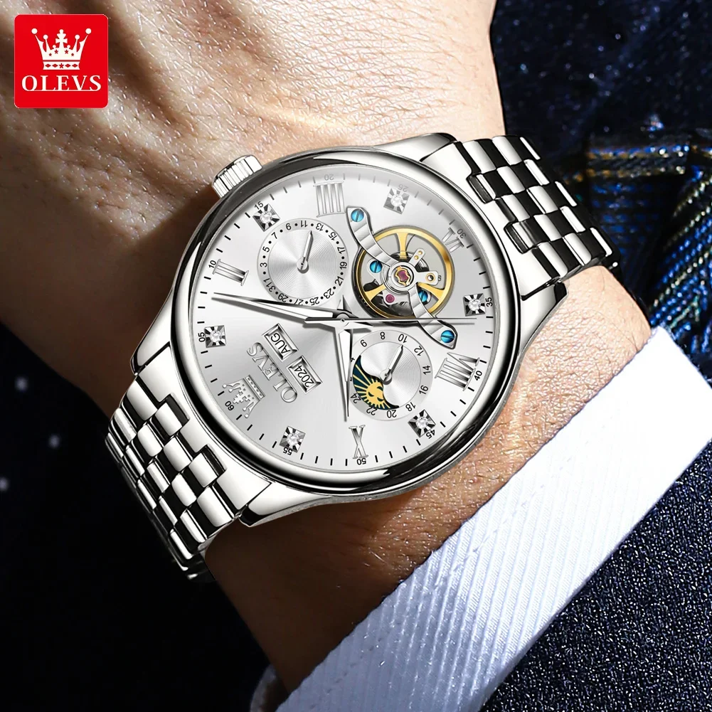 OLEVS 7023 orologi da uomo Luxury Moon phase impermeabile orologio meccanico automatico originale per uomo orologio da uomo con datario in acciaio inossidabile