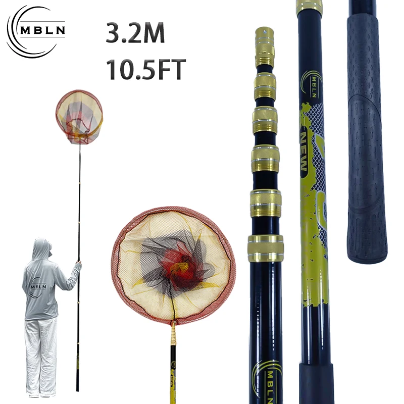 

MBLN Carbon Fiber Telescopic Fishing Landing Net 3.2m, 50cm Foldable Rubber Coated Net Head, Portable Non-Slip Handle