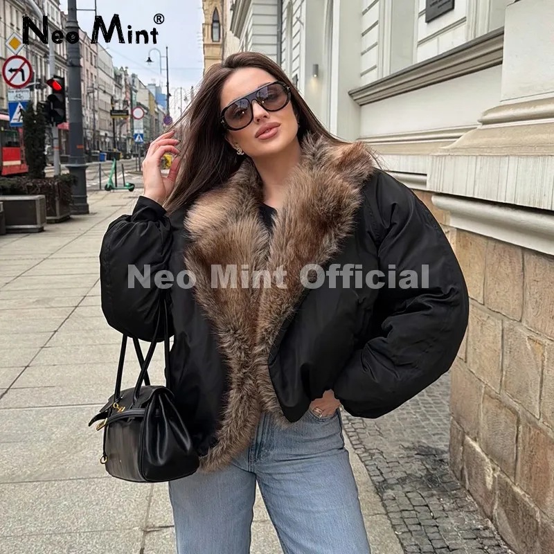 Neo Mint Trendy 2026 Fur Collar Bomber Jacket Women Winter Warm Padded Coat Parkas Luxury Brand Quilted Puffer Jackets Overcoats