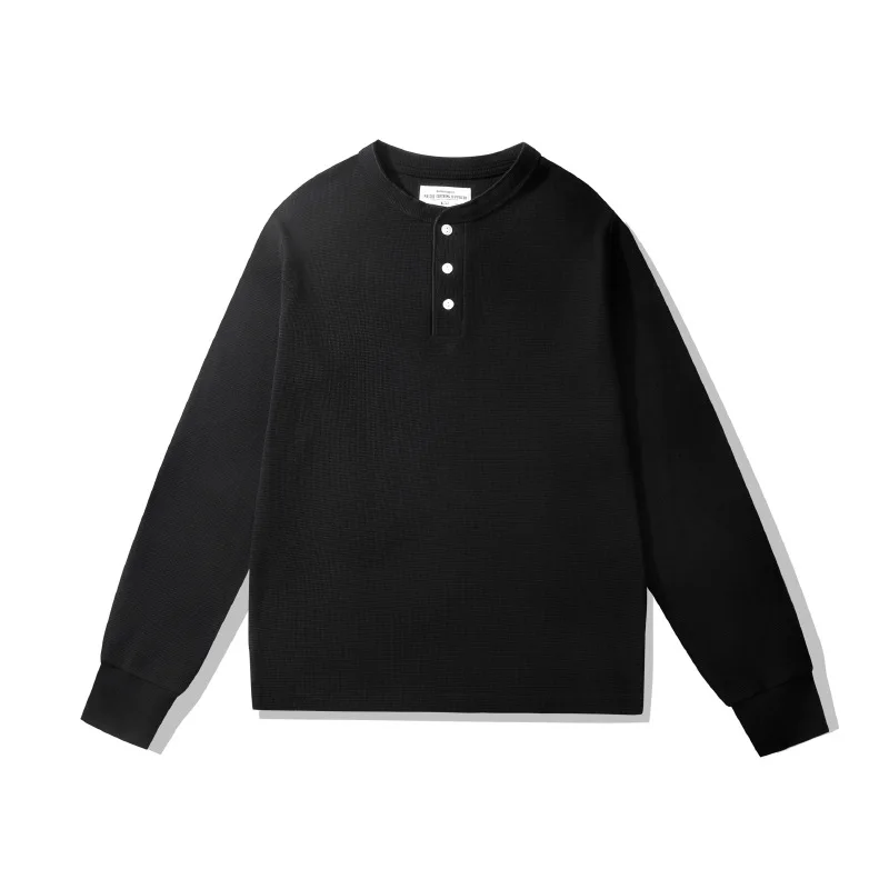 Heavy waffle henley shirt men's solid color simple long-sleeved bottoming shirt American casual inner top