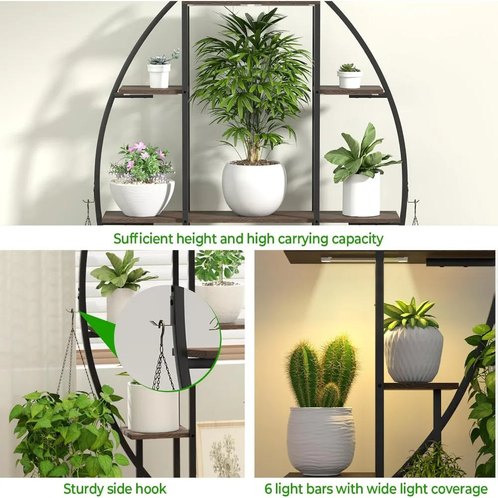 Indoor Plant Rack with Hooks, Plant Rack with Growth Lights, 2 Half Moon Shaped Plant Racks, 65 in