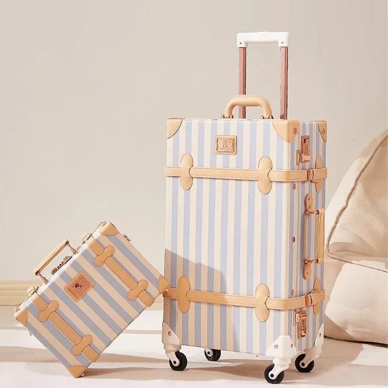 

High Quality Retro Luggage Rotating Wheel Stripe Trolley Case 20 inch Travel Cabin 22/24/26/28 inch Large Capacity Suitcase Set