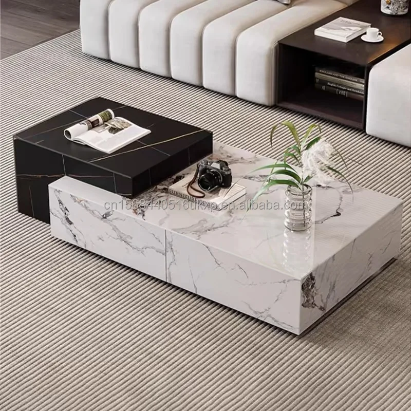 

Artificial Marble Tempered Glass Coffee Table Modern Light Luxury Expandable Living Room Combination