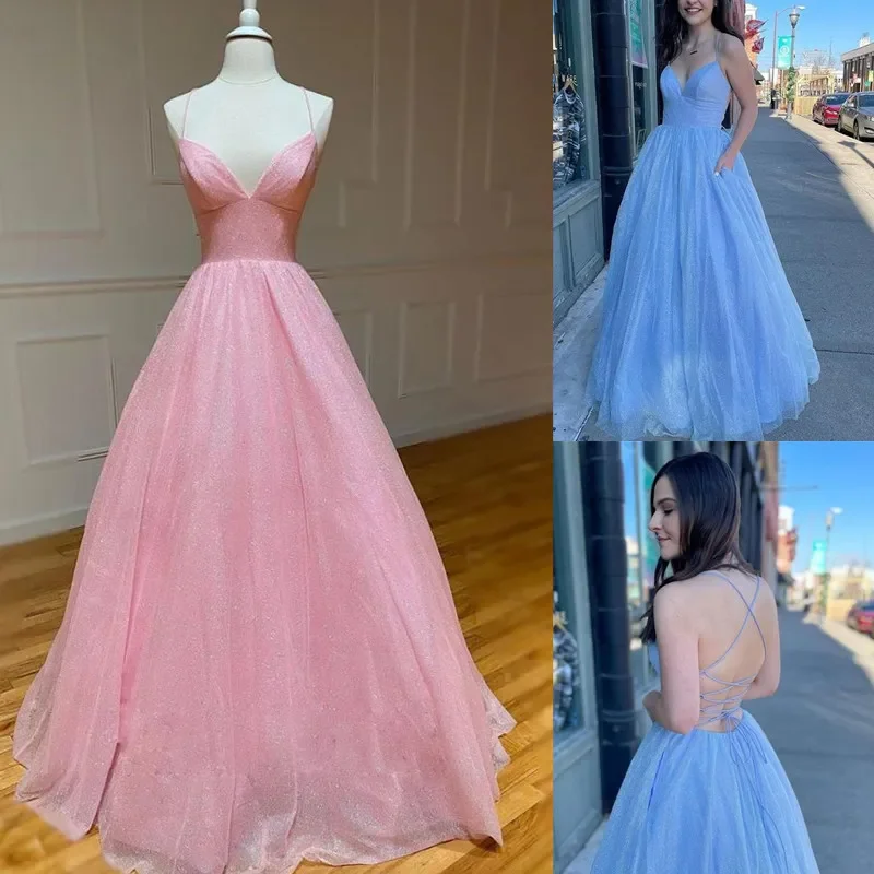 

Elegant A-Line Princess Evening Gown Sexy V-neck Strap backless floor Length Ladies Luxurious Evening dress Ball Party dress