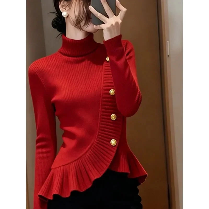 

Красный свитер с воротником и оборками, осень-зима, модные пуловеры на пуговицах, однотонные пуловеры, женская одежда, модная футболка нестандартной формы